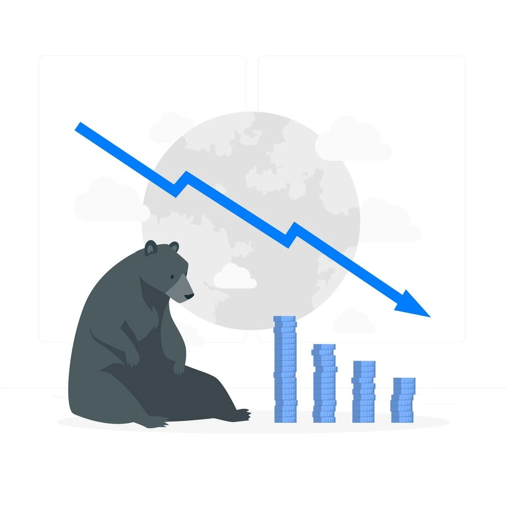Imagem ilustrativa mostrando um urso e um gráfico decrescente representando o Bear Market.